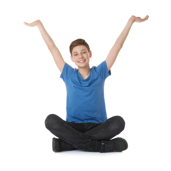 Bonito adolescente menino sobre branco isolado fundo — Fotografia de Stock