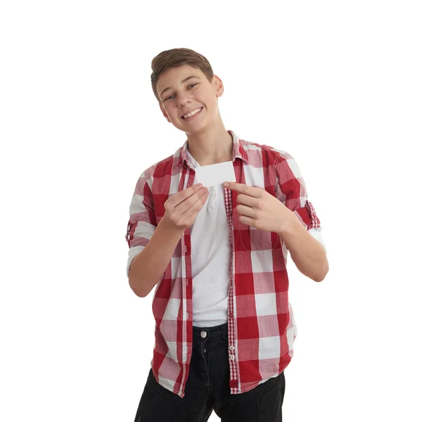 Bonito adolescente menino sobre branco isolado fundo — Fotografia de Stock