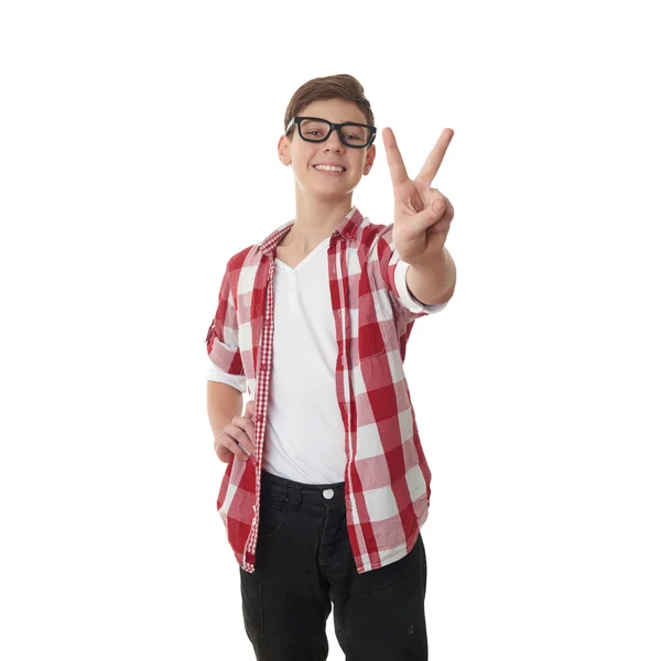 Bonito adolescente menino sobre branco isolado fundo — Fotografia de Stock