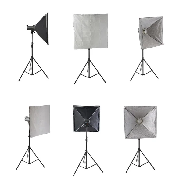 Set of Studio flash on a stand over isolated white background — Stock Photo, Image