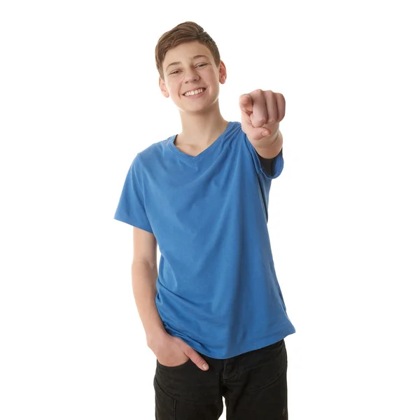 Aranyos tizenéves fiú felső fehér elszigetelt háttér — Stock Fotó