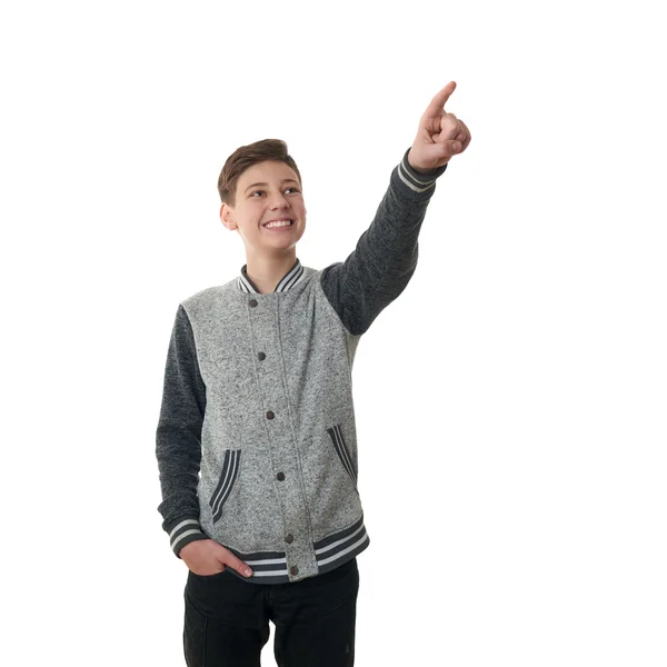 Cute teenager boy in gray sweater over white isolated background — Stock Photo, Image