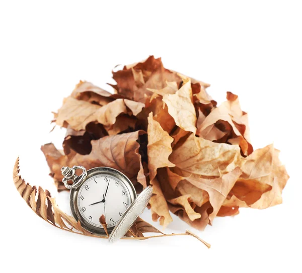 Geöffnete Taschenuhr und getrocknete Blätter — Stockfoto