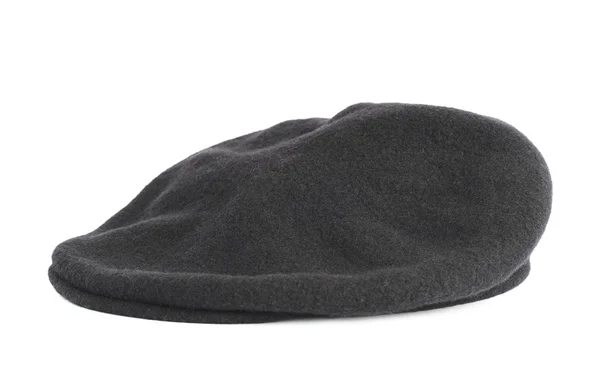 Svart vävt beret platt-krönade hatt isolerade — Stockfoto