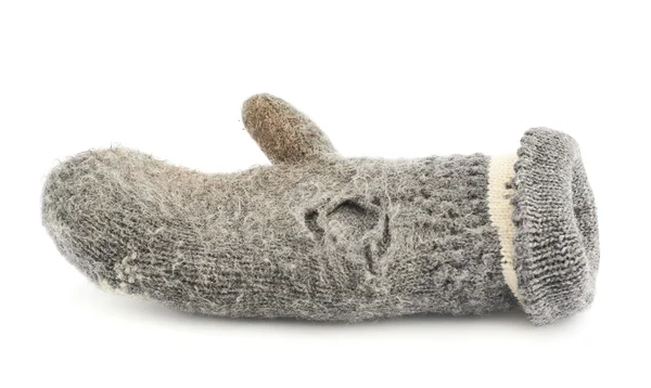Old gray frayed mitten isolated — Stock Photo, Image