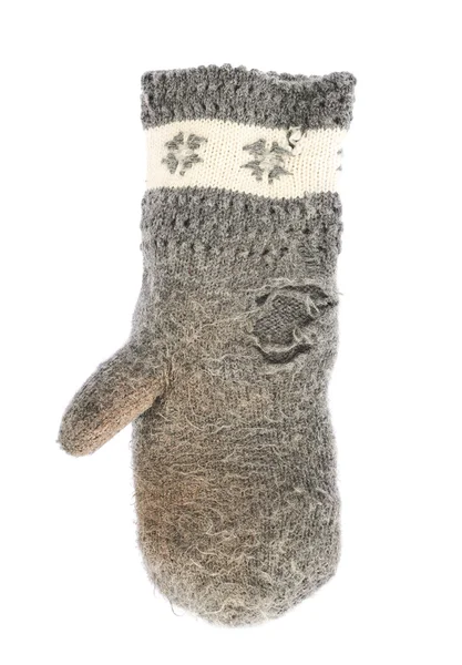 Old gray frayed mitten isolated — Stock Photo, Image