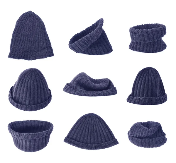 Ciemny niebieski dziana czapka głowa na białym tle — Zdjęcie stockowe
