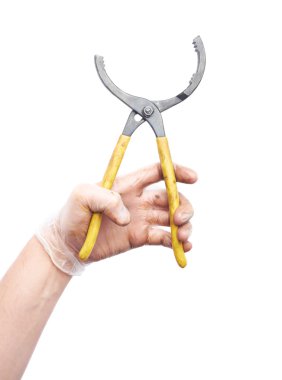 İşçiler beyaz erkek El aracı tutarak