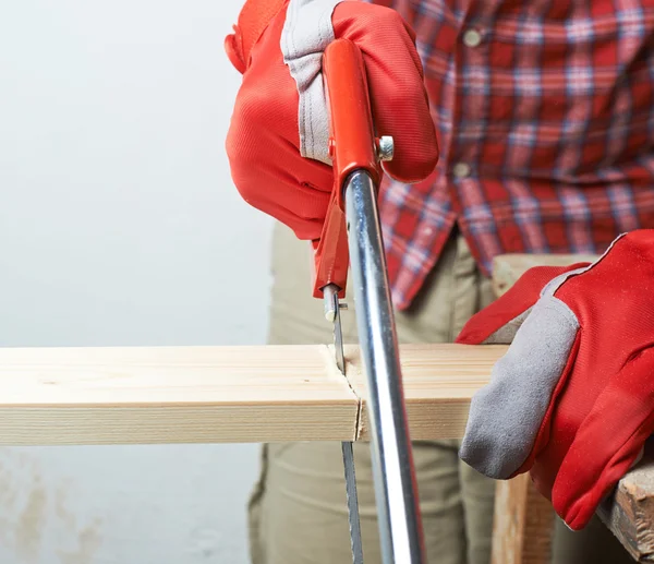 Sawing wooden board composition — Stock Photo, Image