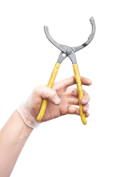 Workers caucasian male hand holding tool — Stock Photo, Image