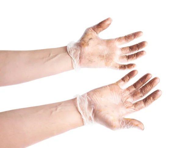 Werknemers handen in een vuile handschoenen geïsoleerd — Stockfoto