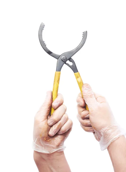 Workers caucasian male hand holding tool — Stock Photo, Image