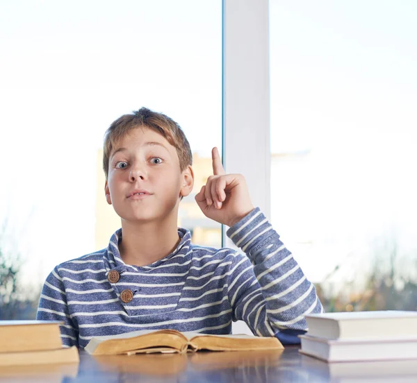 Хлопчик з книгою, спрямованою пальцем вгору — стокове фото