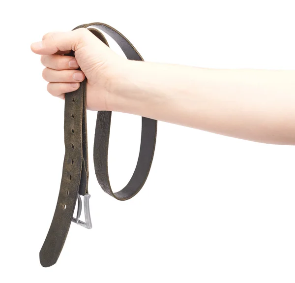 Hand holding black leather belt — Stock Photo, Image