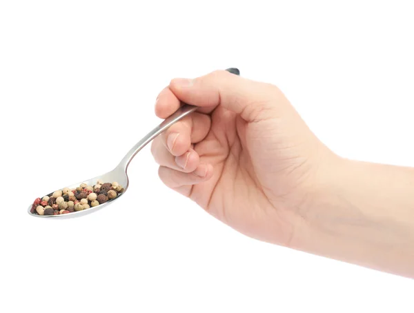 Hand holding a spoon full of pepper spices — Stock Photo, Image