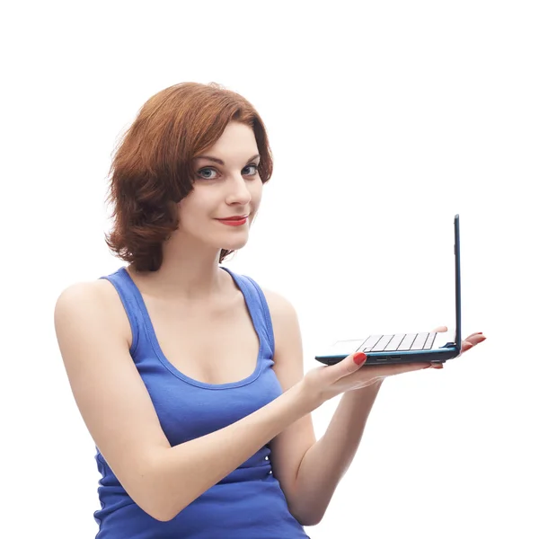 Woman  holding tiny notebook computer — Stock Photo, Image