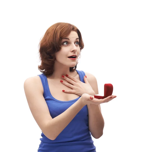 Woman holding  wedding ring box — Stock Photo, Image