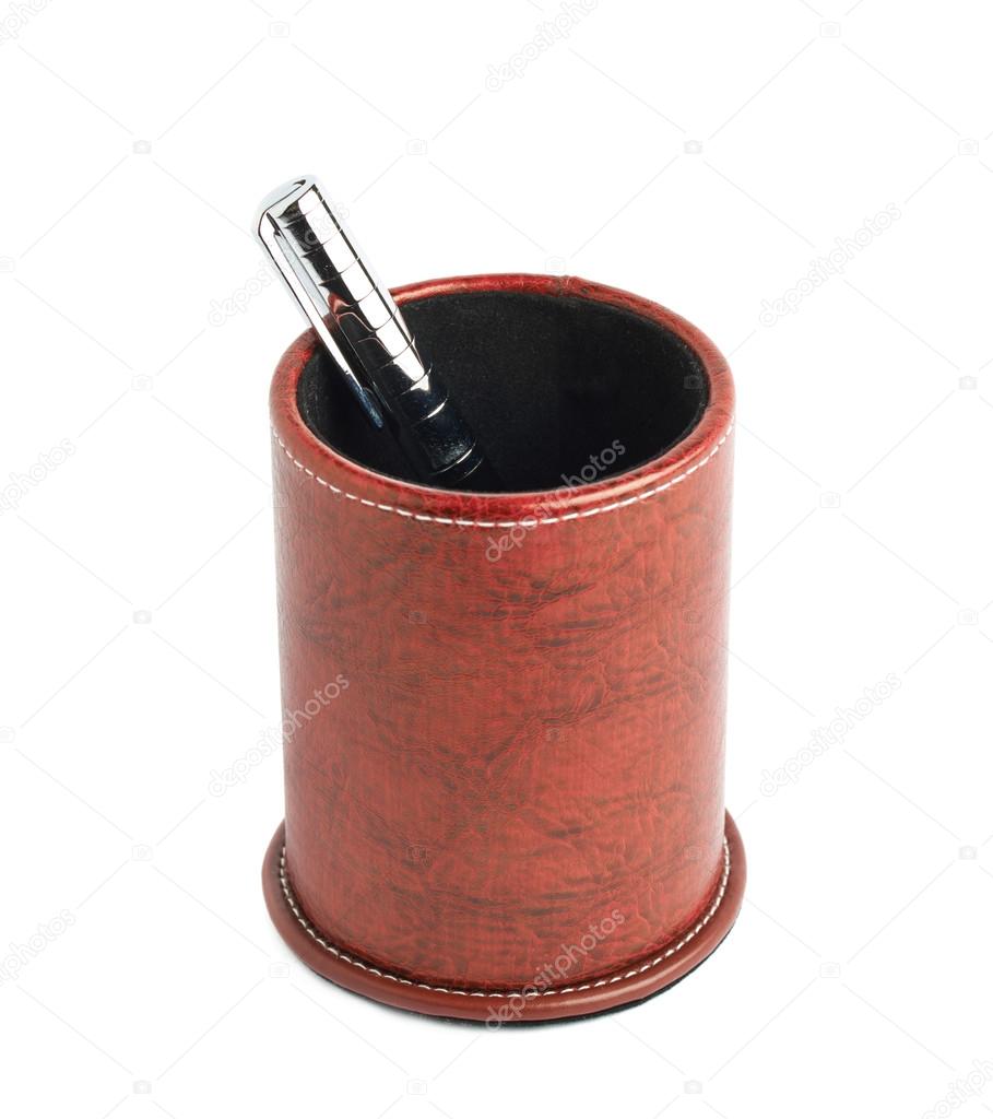 Red leather pen holder cylinder
