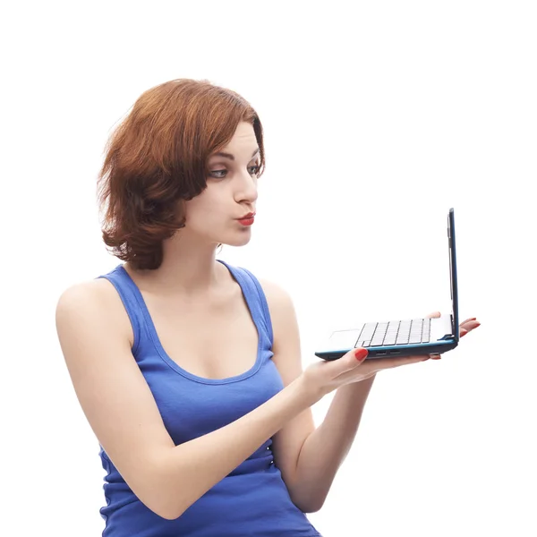 Woman holding tiny notebook computer — Stock Photo, Image