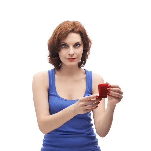 Woman  holding   wedding ring box — Stock Photo, Image