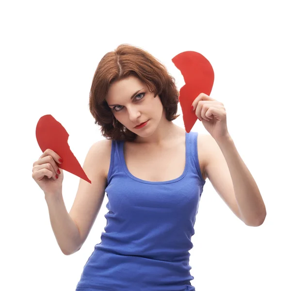 Vrouw met twee helften van rood hart — Stockfoto