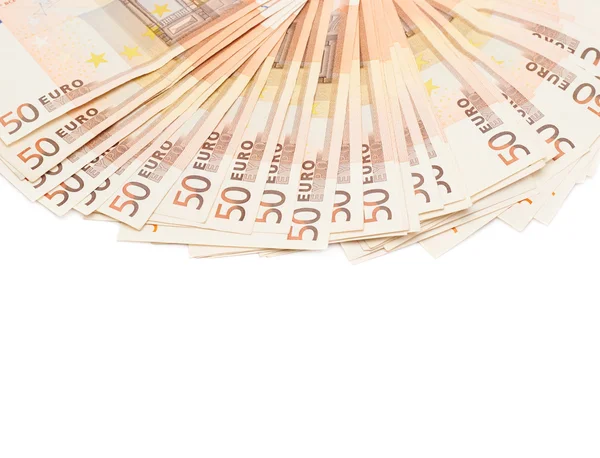 Padesát euro bankovky, které jsou uspořádány jako vějíř — Stock fotografie