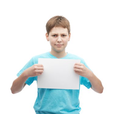 Concerned young boy with a sheet of paper clipart