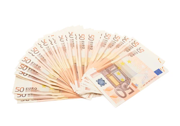 Padesát euro bankovky, které jsou uspořádány jako vějíř — Stock fotografie