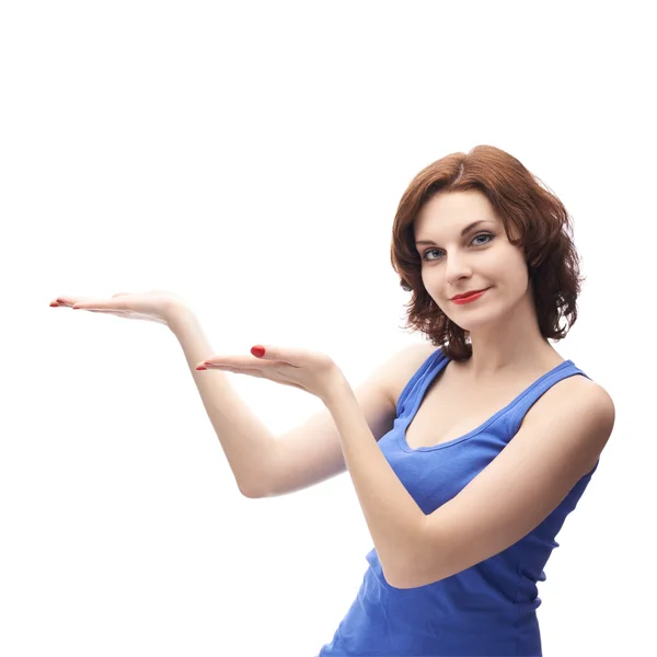 Woman  showing the the empty space — Stock Photo, Image