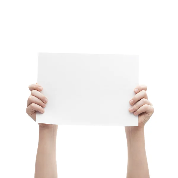 Dwie ręce trzyma arkusz A4 papieru — Zdjęcie stockowe