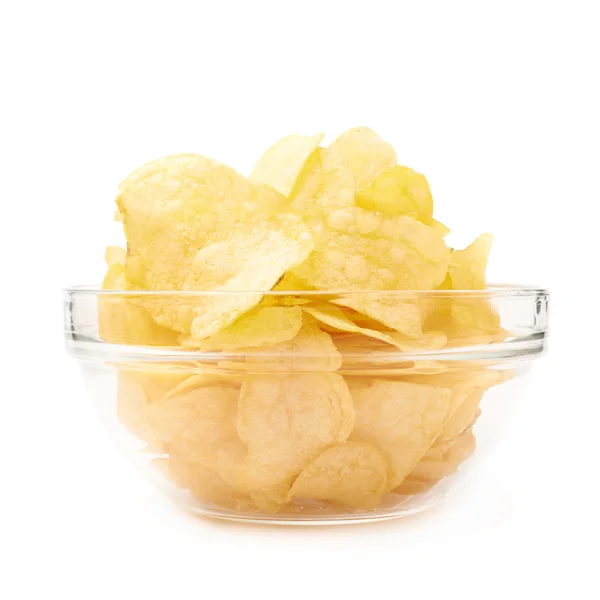 Multiple potato chips in a glass bowl — Stock Photo, Image