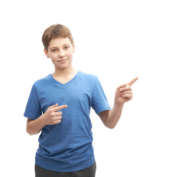 Junge zeigt auf einen Kopierraum — Stockfoto
