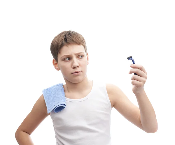 Young boy in process of shaving — Stock Photo, Image