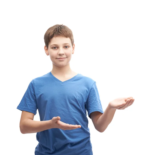 Young boy pointing to a copyspace — Stock Photo, Image