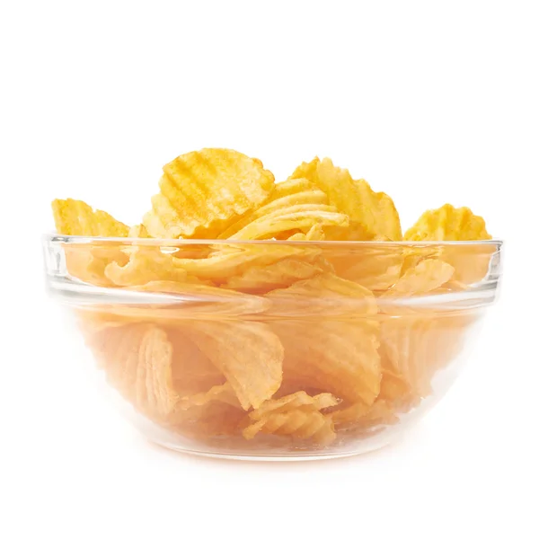 Meerdere potato chips in een glazen kom — Stockfoto