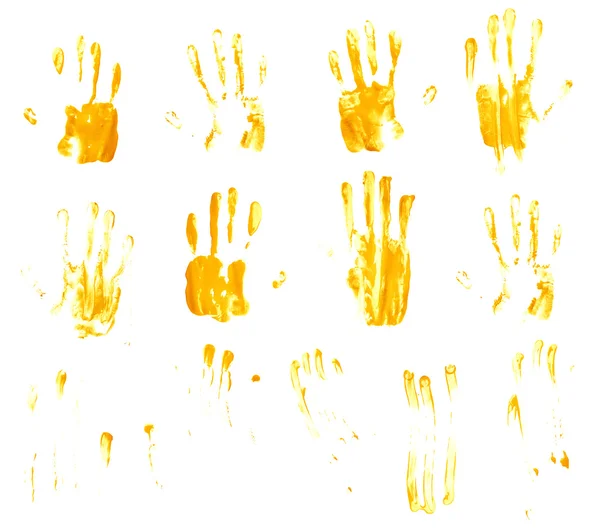 Dłoń drukuje i palec rozmazuje farby — Zdjęcie stockowe