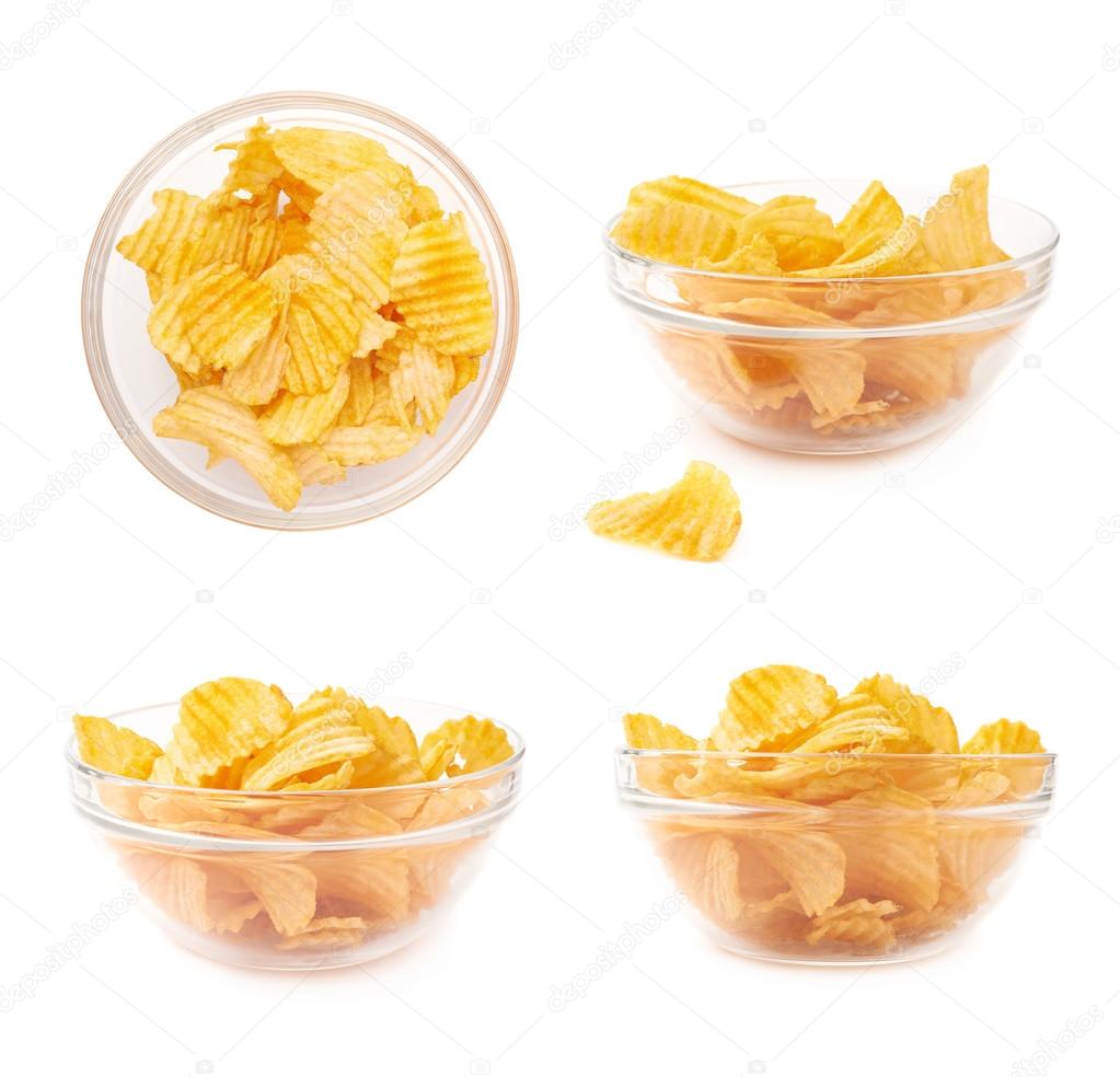 Multiple potato chips in a glass bowls