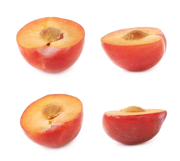 Cut open plum half isolated — Stock Photo, Image