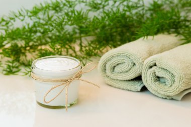 Krem, havlu ve Banyo tezgah üzerinde yeşillik ile jar