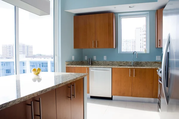 Modern kitchen interior with granite island and wooden cabinets Stock Image