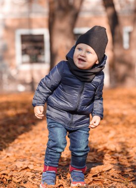 Sonbahar parkının arka planında gülümseyen ceketli ve şapkalı küçük çocuk. Parkta yaprakları dökülmüş bir çocuk