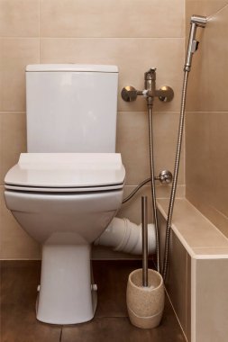 Bej renkli tuvaletler. Hijyenik duşlu beyaz klozet.