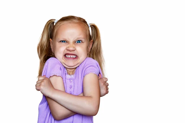 Baby White Background Little Girl Angry Folded Arms — Zdjęcie stockowe