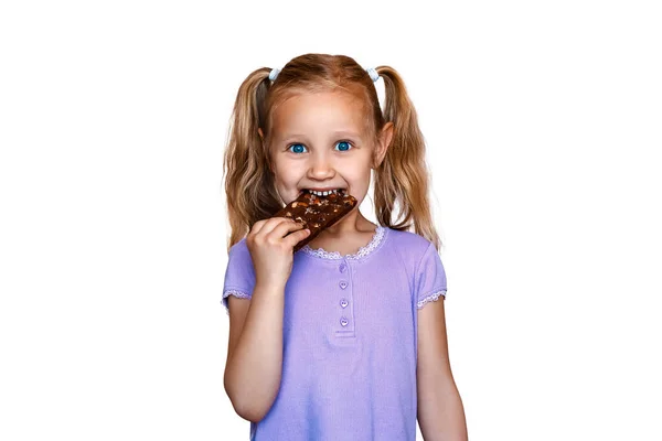 Little Girl Eating Chocolate Chip Cookies Child White Background Eats — Fotografia de Stock