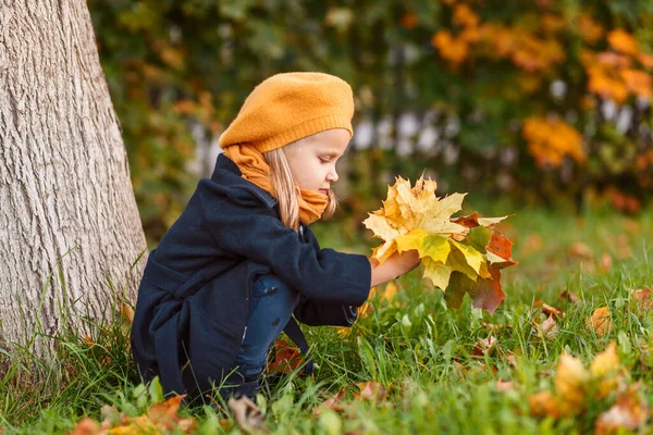 秋の公園でカエデの葉を持つ秋の肖像画の女の子 秋の背景に黄色のベレー帽の子供 — ストック写真