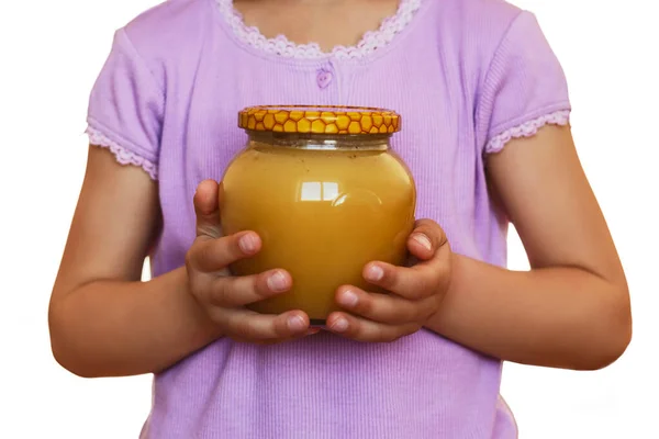 Honungsburk Händerna Barn Håller Burk Full Honung Vit Bakgrund — Stockfoto