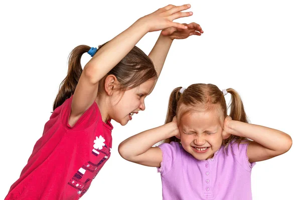 Aggresion Kids Crying Older Child Frightens Younger Sister Who Closed — Stock Photo, Image