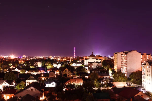 Luchtfoto Van Nacht Verlichte Stad Met Prive Huizen Kerk — Stockfoto