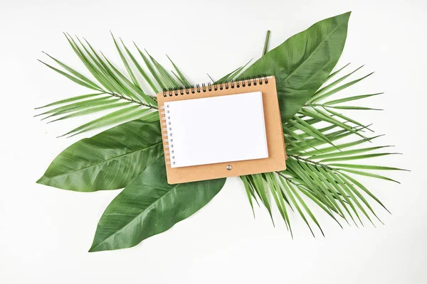 Bílý prázdný poznámkový papír a velké zelené tropické listy na pozadí. Ležel. Horní pohled. Kopírovat prostor. — Stock fotografie