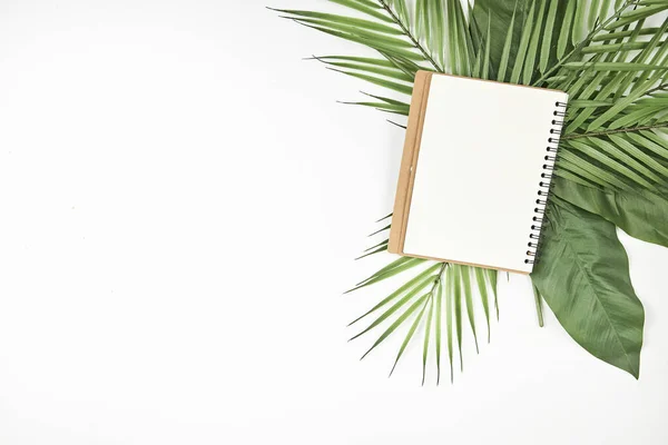 White blank note paper and big green tropical leaves on background. Flat lay. Top view. Copy space. — Stock Photo, Image